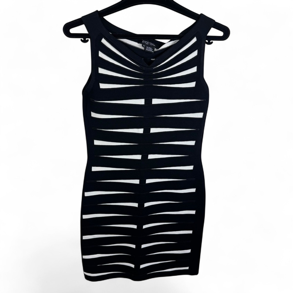 Etcetera Womens Medium Black White Bandage Bodycon Mini Dress Sleeveless Stretch